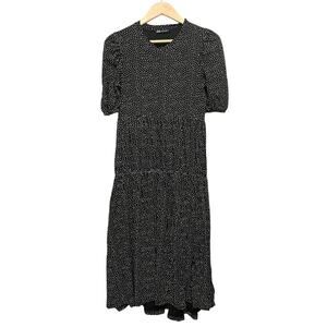 Zara Polka Dot Tiered Midi Dress Women Size Small Black White Boho Flowy‎ Cotton
